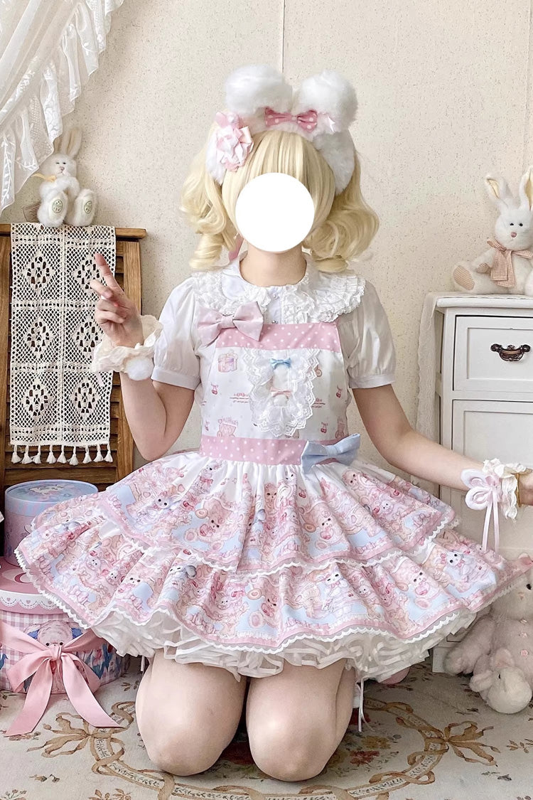 Pink [Bunny & Bear Tea Party] Sleeveless Double-Layered Printed Ruffled Bow Lace Sweet Lolita Strap Dress - Product - 2