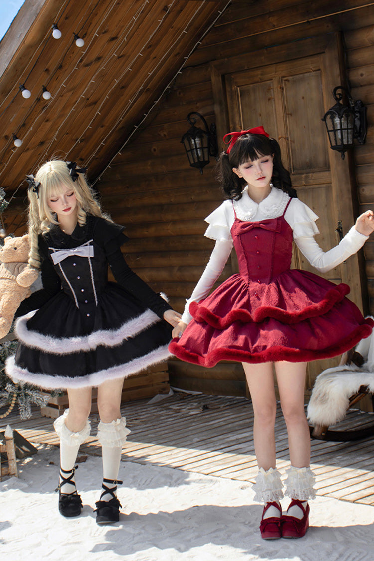 [Winter's Wish] Double-Layered Jacquard Bowknot Furry Sweet Lolita Jsk Dress 2 Colors - Product - 10