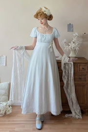 Blue Square Collar Short Sleeves Jacquard Ruffled Lace Sweet Elegant Lolita Dress - Blue - 1