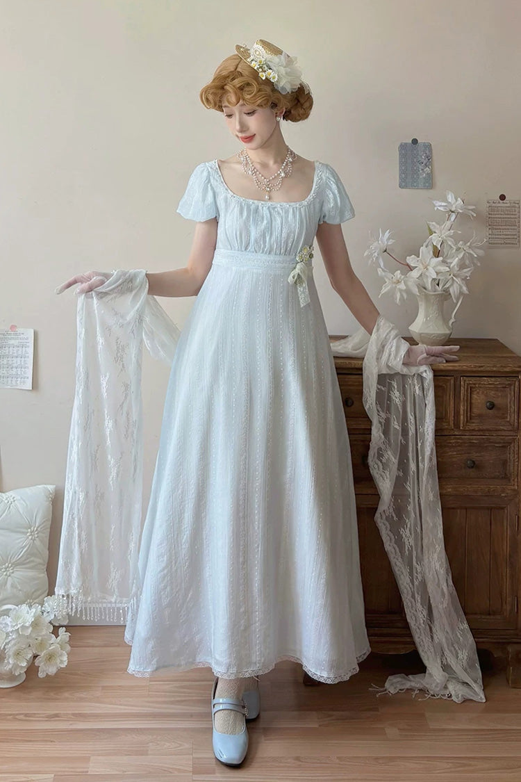 Blue Square Collar Short Sleeves Jacquard Ruffled Lace Sweet Elegant Lolita Dress - Blue - 1