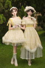 Yellow [Falling Flowers as a Message] Square Collar Short Sleeves Print Ruffle Lace Sweet Elegant Lolita Long Dress - Product - 10