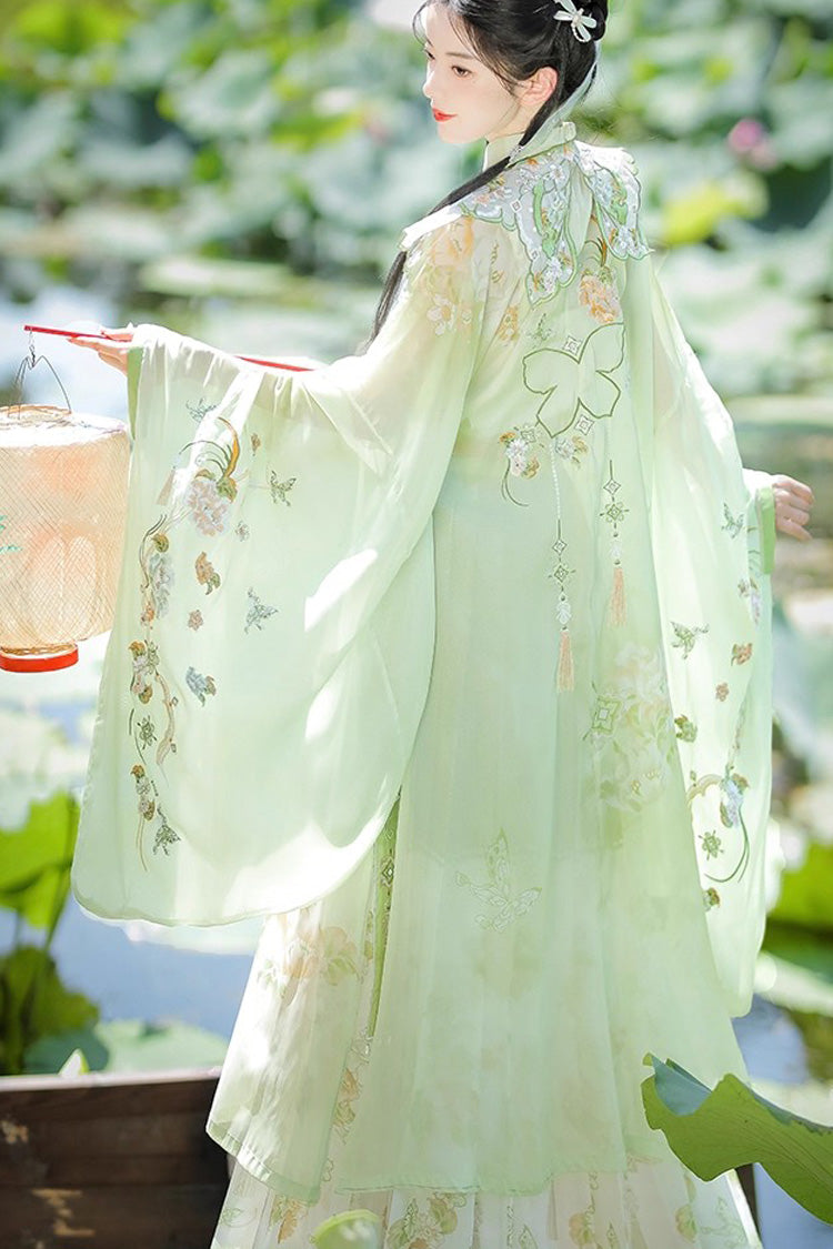 Green [Emerald Fantasy] Ming Dynasty Round Collar Long Sleeves Print Embroidery Sweet Hanfu Dress Set - Product - 3