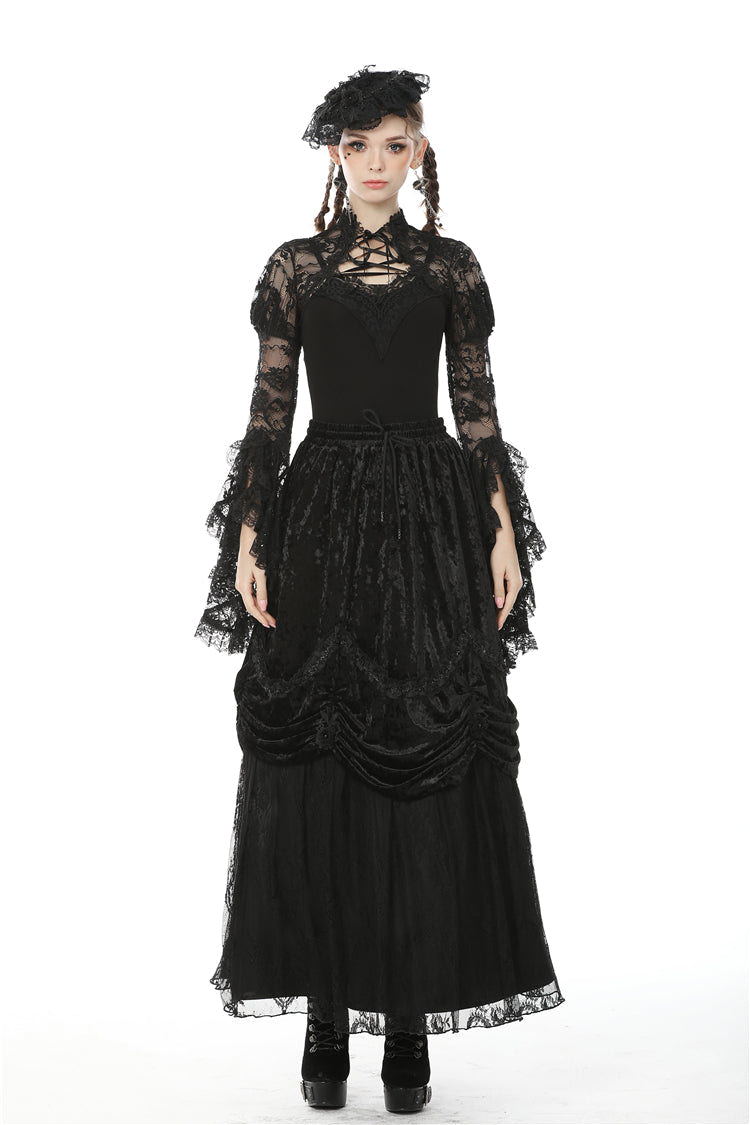 Black Long Puff Sleeves Sheer Floral Lace Lace-Up Women's Gothic Cape - Product - 5