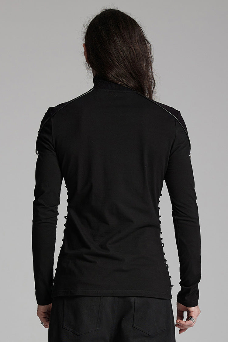 Black Long Sleeves Rivet Zipper Drawstring Men's Punk Blouse - Product - 3
