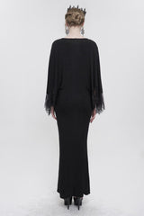 Black Deep V Neck Bat Sleeve Chest Appliqu Lace Bead Buckle Connection Small Fishtail Long Women's Gothic Dress - Product - 5