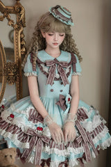 Green [Cherry Mille-Feuille] Lapel Collar Short Sleeves Triple-Layered Printed Ruffled Bow Lace Princess Sweet Lolita Dress - Product - 2