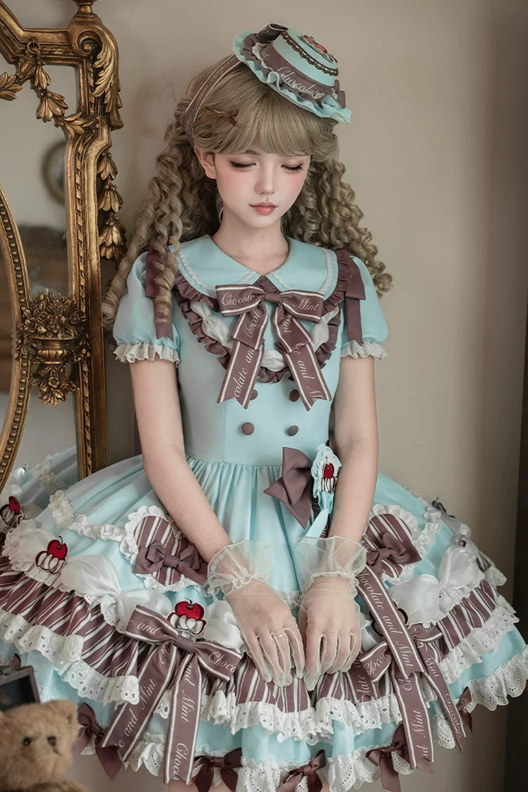 Green [Cherry Mille-Feuille] Lapel Collar Short Sleeves Triple-Layered Printed Ruffled Bow Lace Princess Sweet Lolita Dress - Product - 2