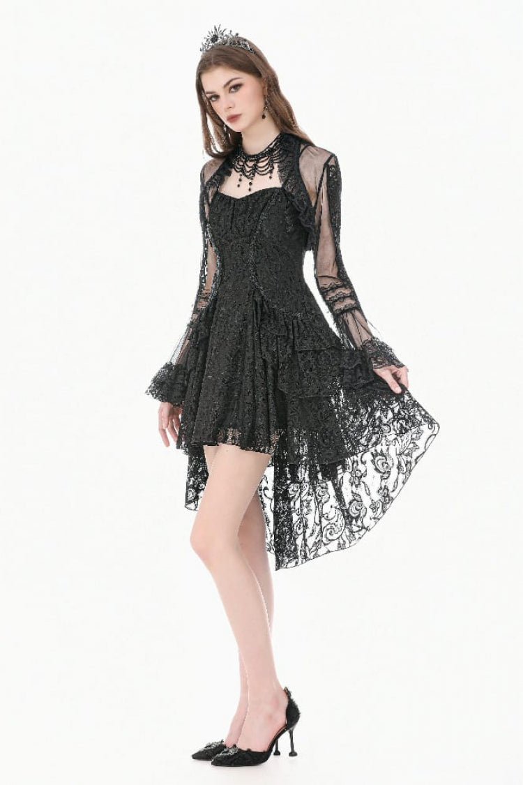 Black Lace-Up Women's Gothic High-Low Multi-Layered Ruffled Tail Lace Slip Dress - Product - 8