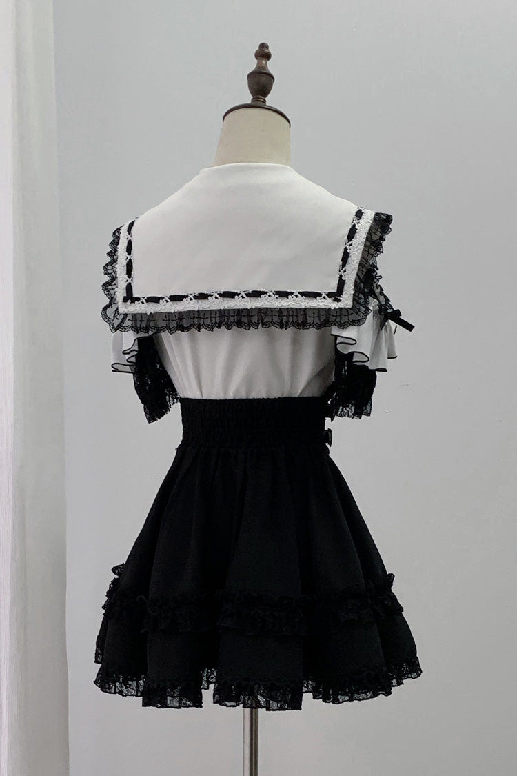 Black/White [Apprentice Witch] Off Shoulder Navy Collar Short Sleeves Ruffled Bow Lace Pearl Detail Classic Jirai Kei Japanese Skirt Set - Product - 2