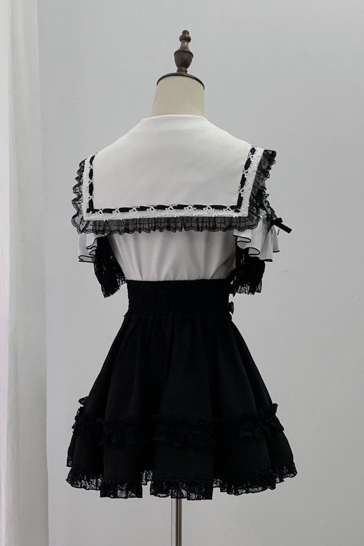 Black/White [Apprentice Witch] Off Shoulder Navy Collar Short Sleeves Ruffled Bow Lace Pearl Detail Classic Jirai Kei Japanese Skirt Set - Product - 2