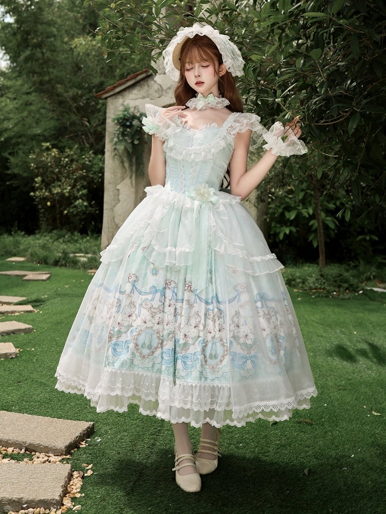 Mint green floral Lolita dress close-up