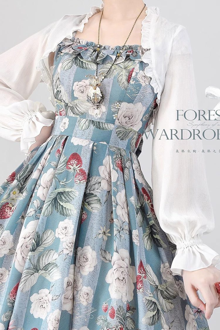 Blue/Green [Forest Basket] Sea Salt Rose Print Bowknot Chiffon Sweet Elegant Lolita Jsk Dress - Product - 3