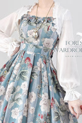 Blue/Green [Forest Basket] Sea Salt Rose Print Bowknot Chiffon Sweet Elegant Lolita Jsk Dress - Product - 3
