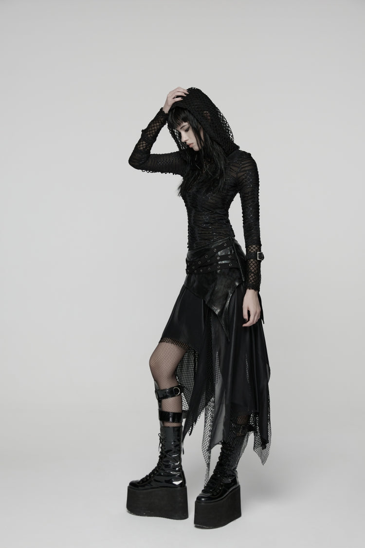 Black Double-Layered Irregular Eyelet Women's Punk rregular Wasteland Skirt - Product - 6