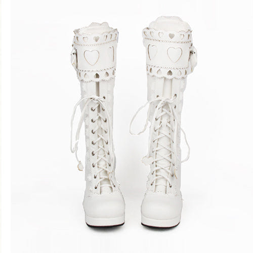 Lace Bowknot Heart Shaped Round Toe Sweet Lolita High Boots - Product - 6