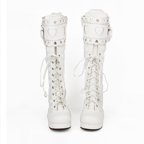 Lace Bowknot Heart Shaped Round Toe Sweet Lolita High Boots - Product - 6