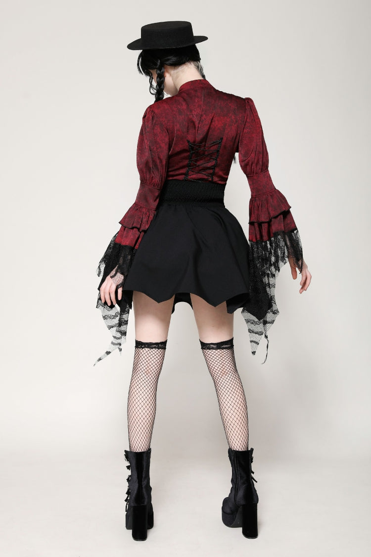 Red Multi-Layered Frilly Lace Long Hime Sleeves Lace-Up Women's Gothic Blouse - Product - 4