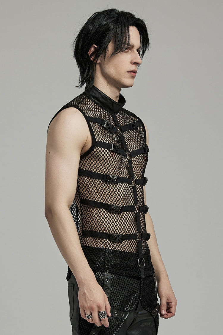 Black Stand Collar Sleeveless Straps Mesh Buckle Men's Punk Vest - Product - 2