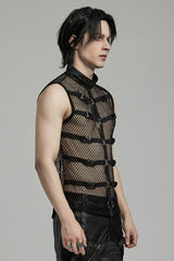 Black Stand Collar Sleeveless Straps Mesh Buckle Men's Punk Vest - Product - 2