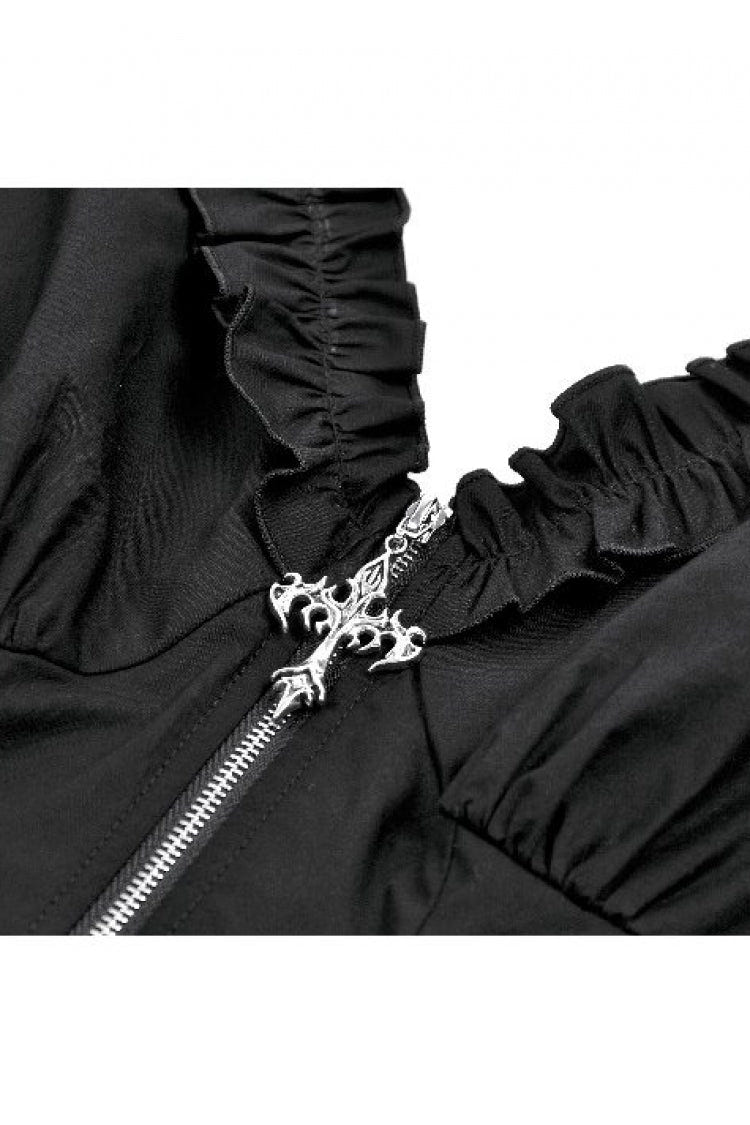 Black Women's Punk Ruffled V Collar Short Puff Sleeves Buckled Waist Zippered Crop Top - Product - 12