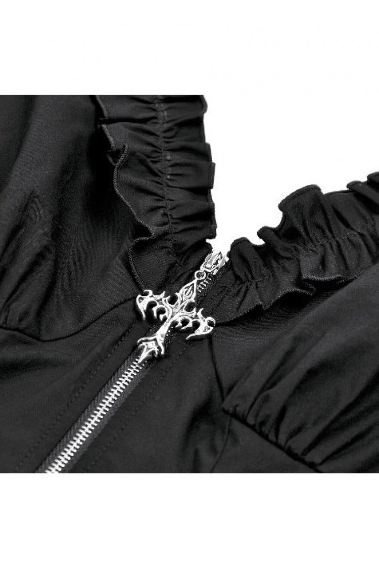 Black Women's Punk Ruffled V Collar Short Puff Sleeves Buckled Waist Zippered Crop Top - Product - 12
