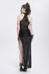 Black Halterneck Sleeveless Cheongsam Collar Side Slit Embroidery Women's Gothic Dress - Product - 7