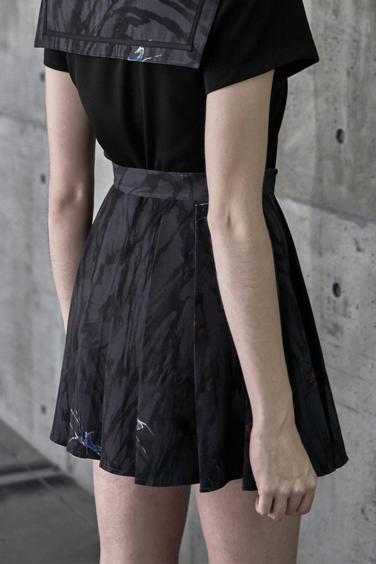 Black Casual Chinese Painting Decorated Pleated Women's Steam Punk Skirt - Product - 3