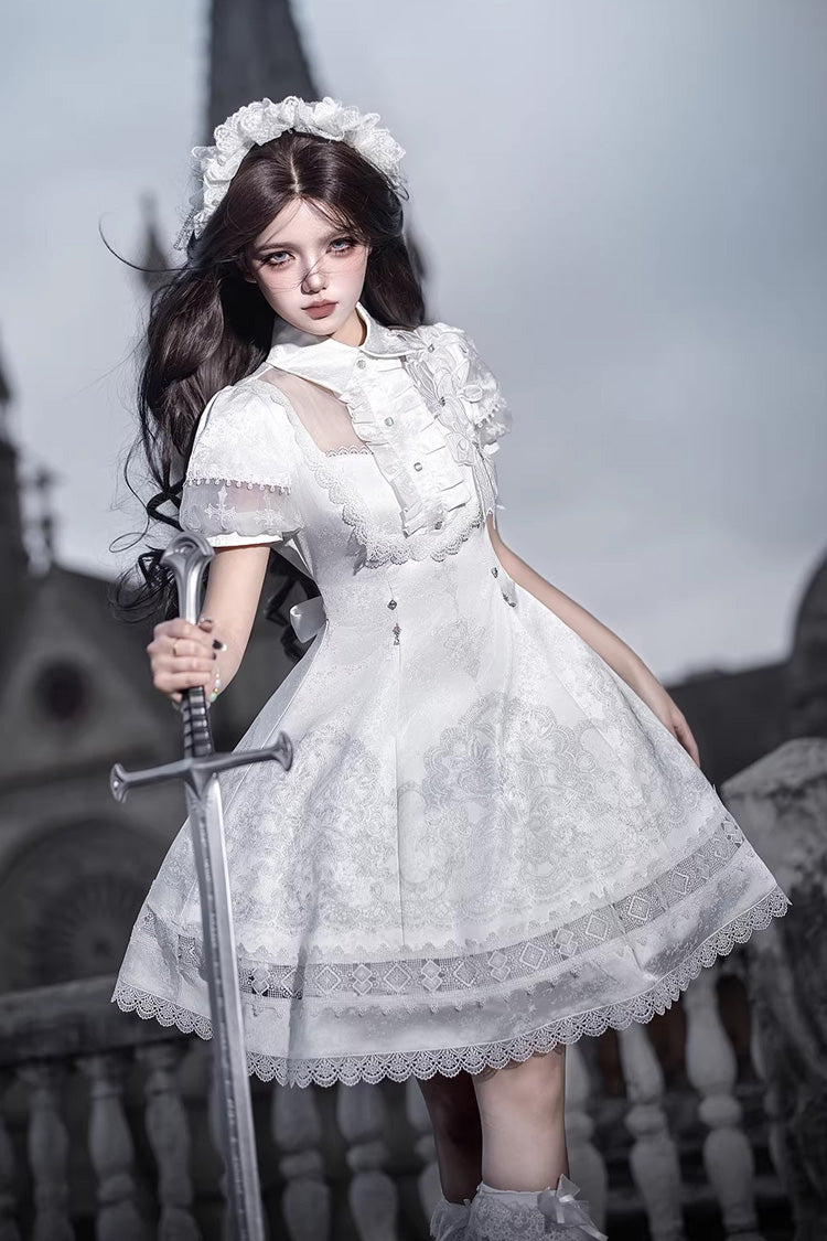 White Lapel Collar Short Sleeves Printed Ruffled Lace Classic Gothic Elegant Lolita Dress - White - 1