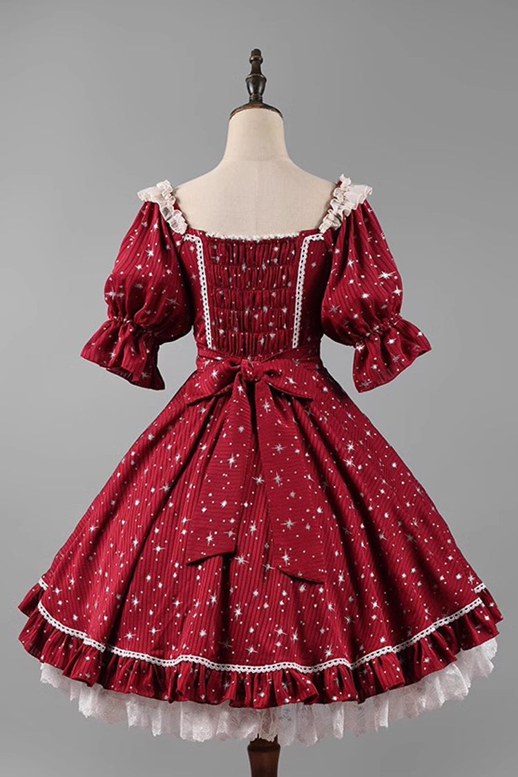 Midsummer Galaxy Shiny Star Print Short Sleeves Ruffle Bowknot Sweet Lolita OP Dress - Product - 11