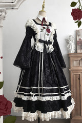 Black [Rose Choir] Double-Layered Ruffle Embroidery Bowknot Lace Gothic Elegant Nun Lolita Dress - Product - 2