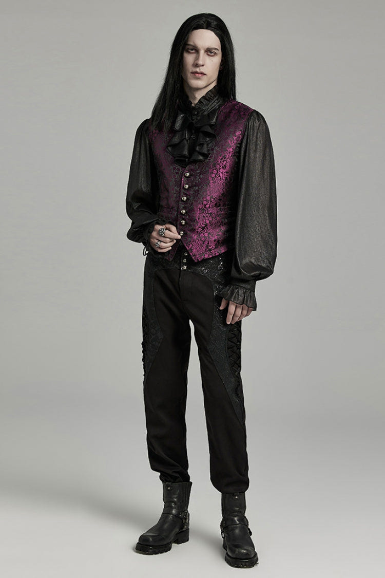 Black/Red Jacquard Lace-Up Slim Men's Gothic Vest - Product - 4