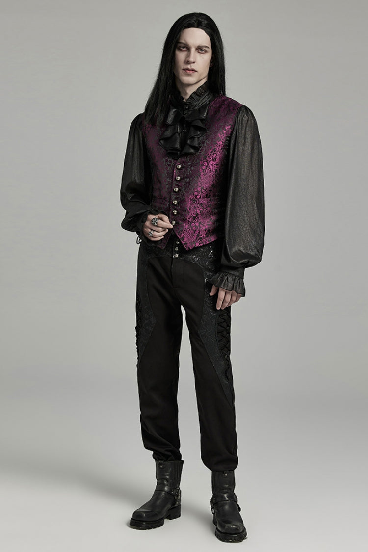 Black/Red Jacquard Lace-Up Slim Men's Gothic Vest - Product - 4