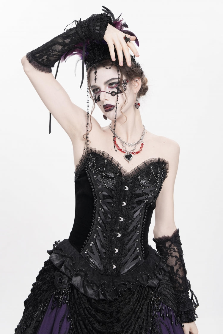 Black Sleeveless Beaded Lace Lace-Up Women's Gothic Overbust Corset - Product - 2