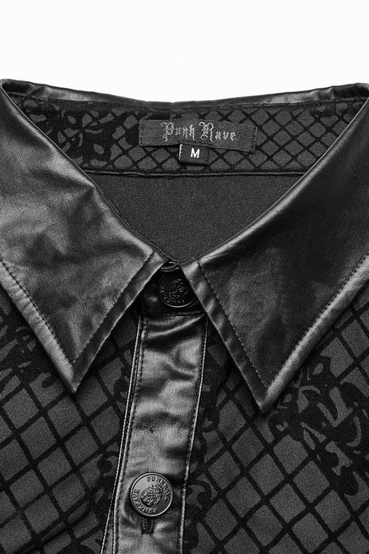 Black Floral Print Faux Leather Stitching Skull Button Decorated Mens Gothic Blouse - Product - 9