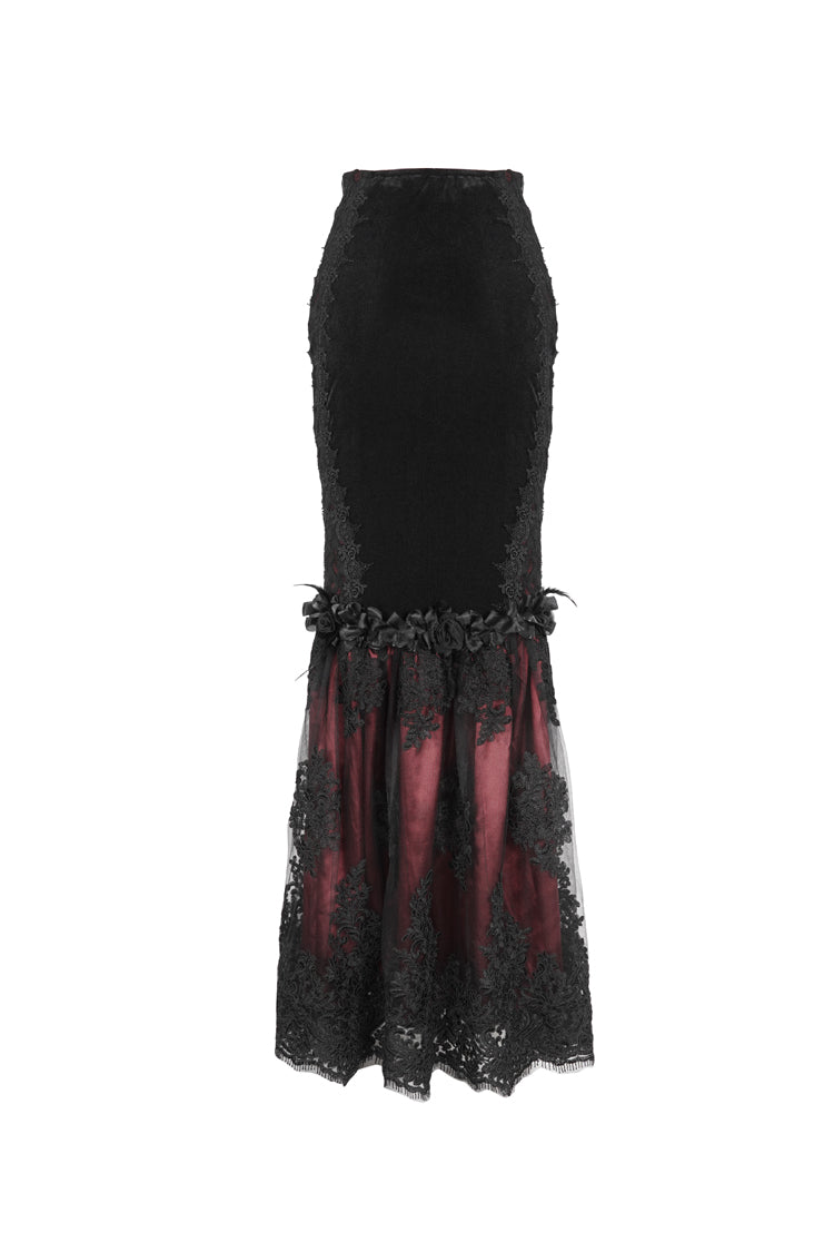 Black/Red High Waisted Embroidery Stitching Lace Women's Gothic Skirt - Product - 7
