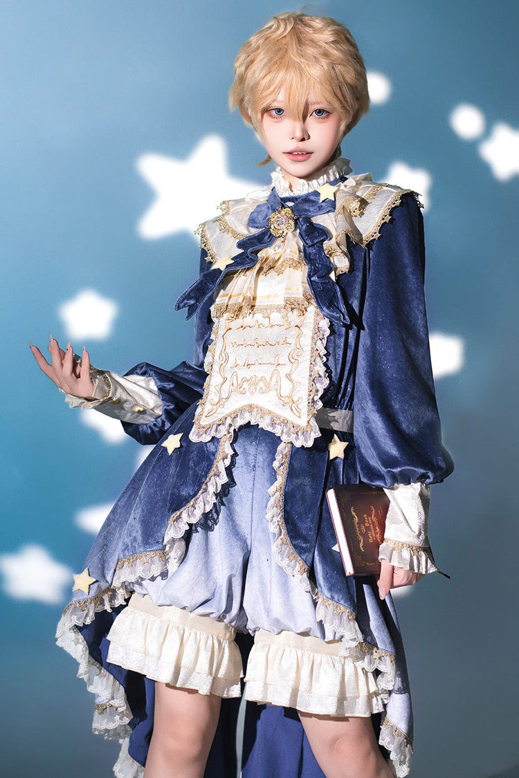 Blue Long Sleeves Ombre Ruffled Bow Ouji Gothic Lolita Swallowtail Dress Shorts Set - Product - 6