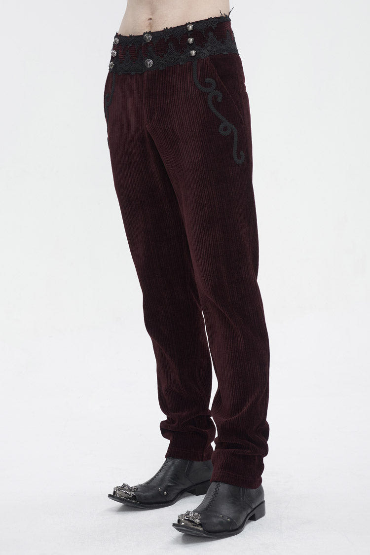 Red High Waisted Lace Splice Men's Gothic Pants - Product - 4