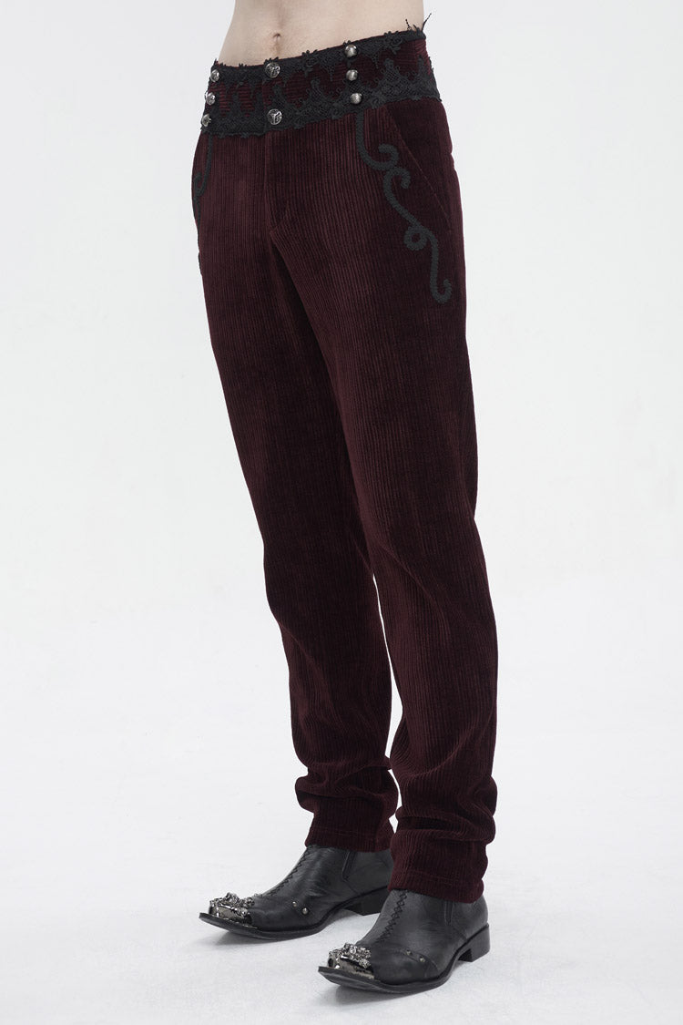 Red High Waisted Lace Splice Men's Gothic Pants - Product - 4