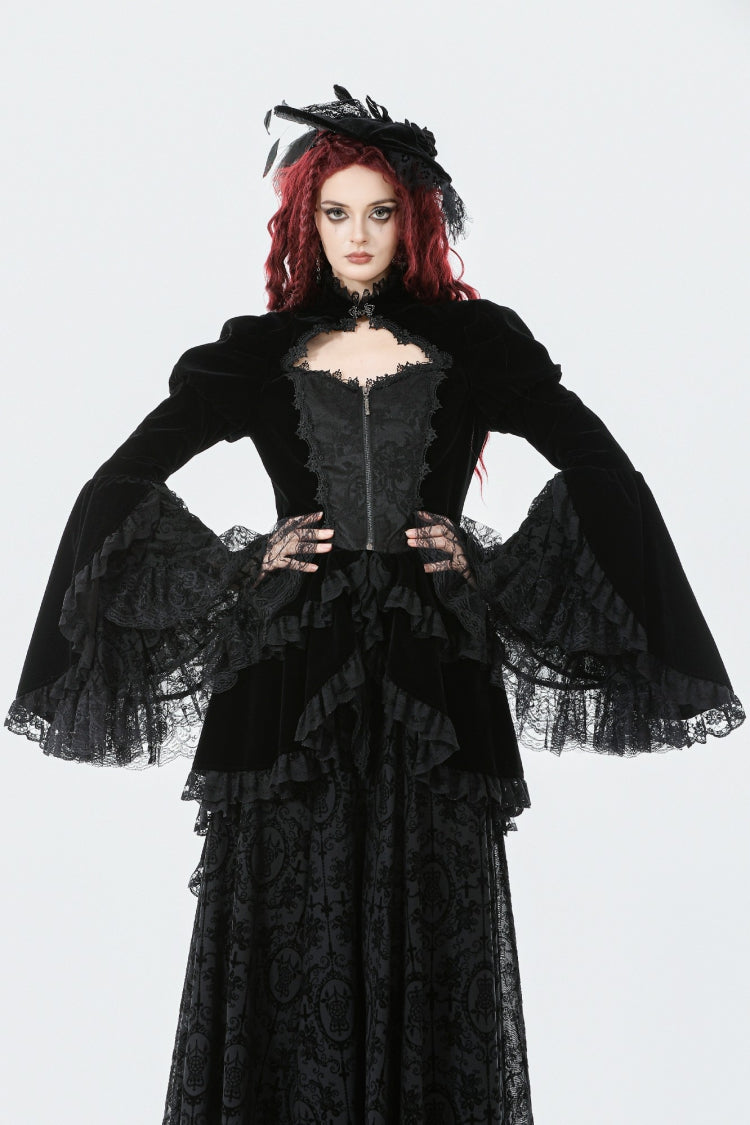 Black Long Puff Sleeves Multi-Layered Ruffled Lace Hem High Low Women's Gothic Coatlet - Product - 5
