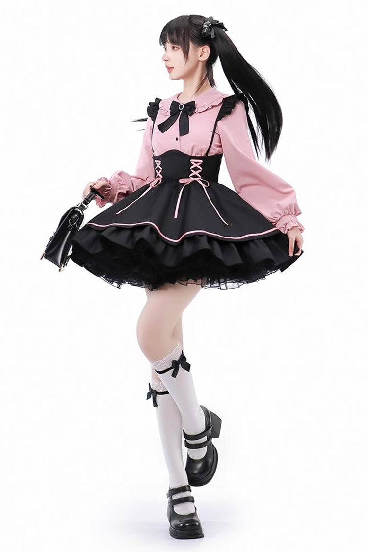 Black/Pink First Sakura Long Sleeves Multi-layer Lace-Up Sweet Jirai Kei Japanese Set - Product - 5