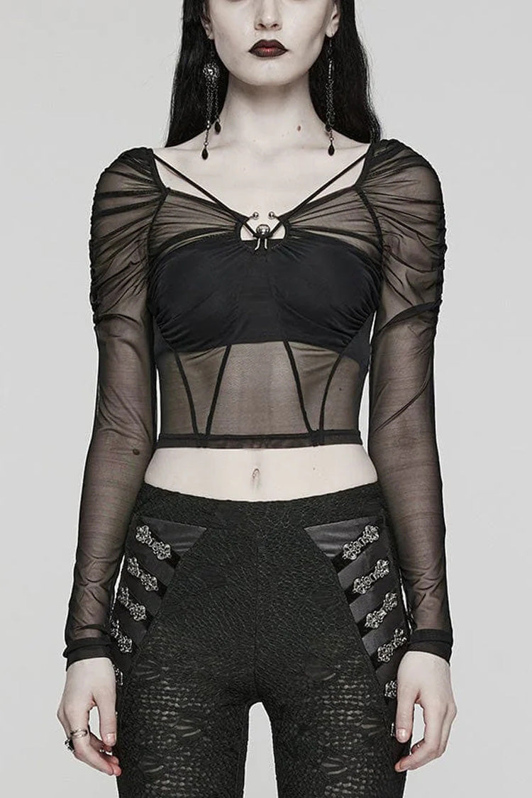 Black Square Collar Long Sleeves Transparent Lace-Up Womens Gothic T-Shirt - Black - 1
