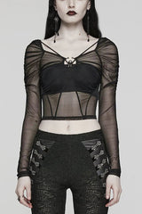 Black Square Collar Long Sleeves Transparent Lace-Up Womens Gothic T-Shirt - Black - 1