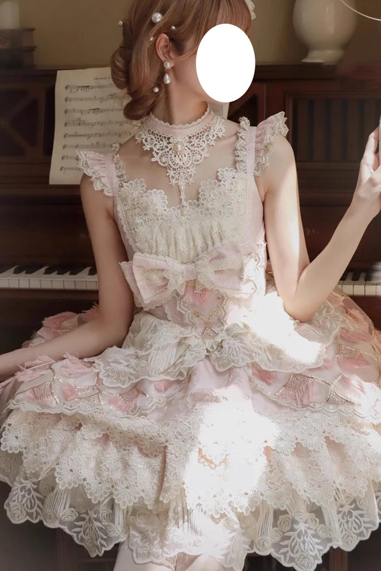 Pink [Peacock Feather] Multi-Layered Ruffle Hanayome Cardigan Bowknot Lace Sweet Lolita Jsk Dress Set - Product - 5