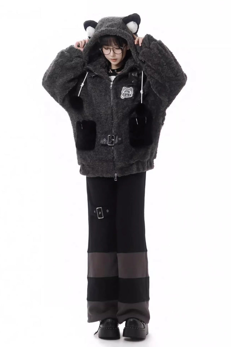 Black/Grey [Little Hibernating Bear] Long Sleeves Hooded Zippered Sweet Lolita Coat and Pants Set - Product - 3