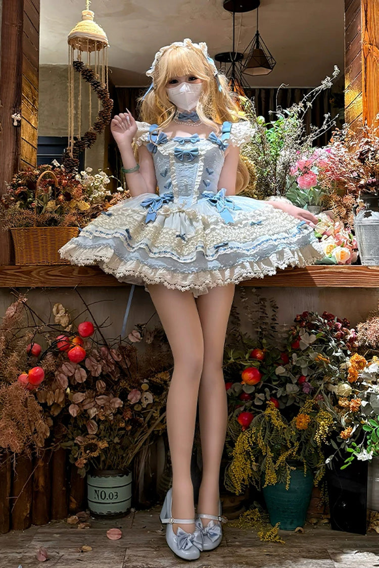 [Wind Chime Poem] Square Collar Flutter Sleeves Triple-Layered Printed Ruffled Bow Sweet Lolita Jsk Dress 4 Colors (Blue, Pink, Purple, Green) - Product - 20
