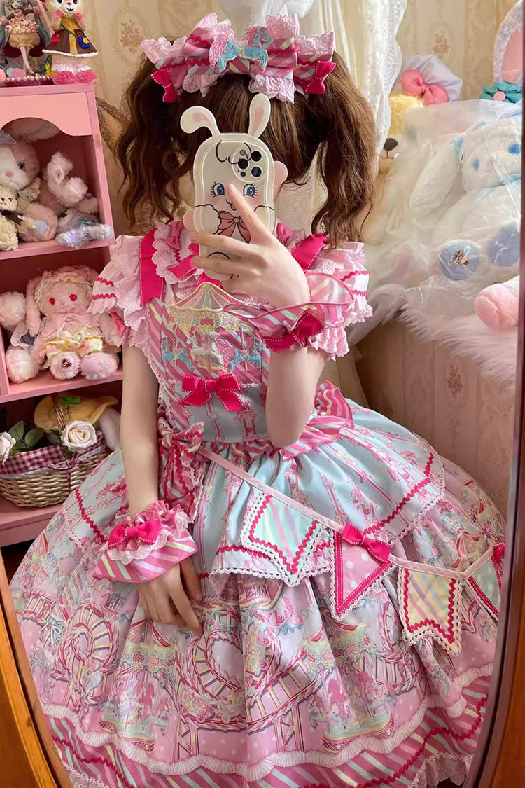 Blue/Pink Candy Park Print Ruffle Bowknot Sweet Lolita Jsk Dress - image 1