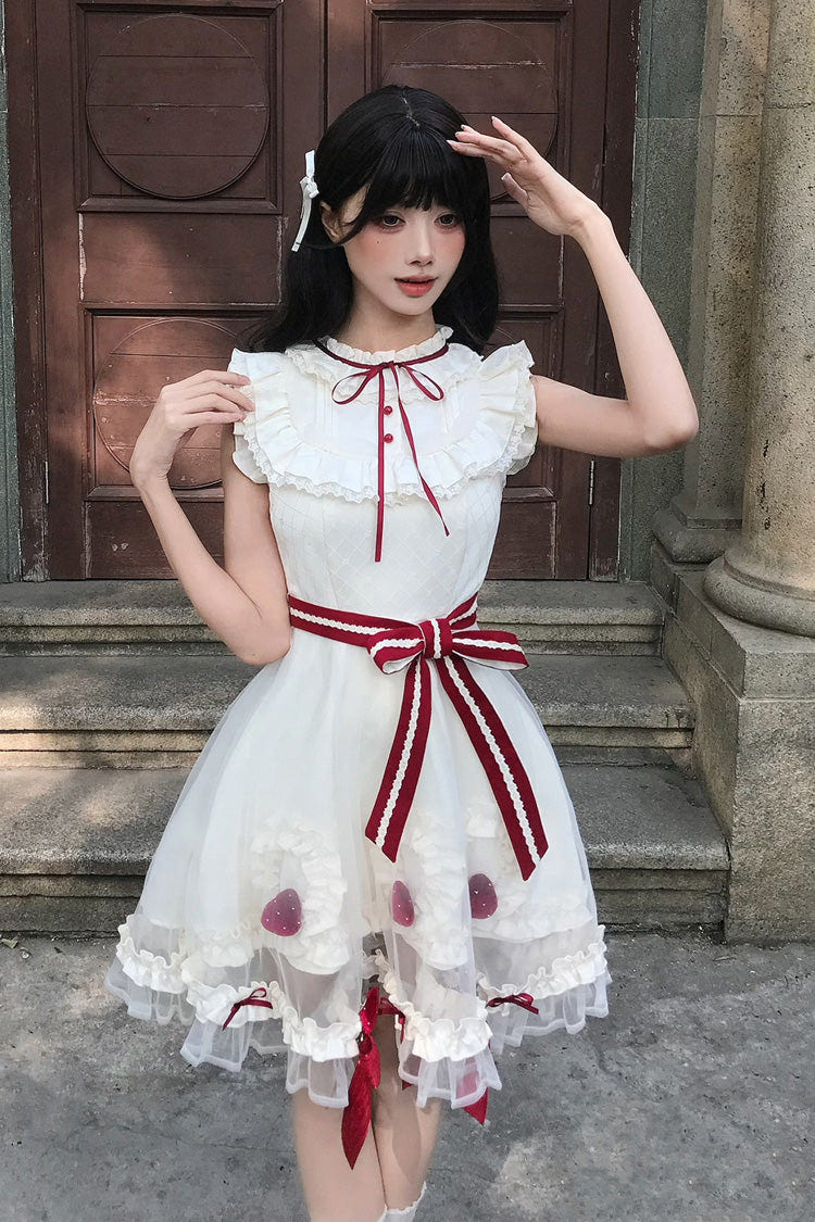Ivory [Strawberry Mousse Cake] Stand Collar Sleeveless Mesh Ruffled Bow Lace Sweet Lolita Dress - Product - 5