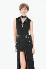 Black Lapel Collar Sleeveless Lace-Up Studded Zippered Eyelet Women's Punk Vest - Black - 1