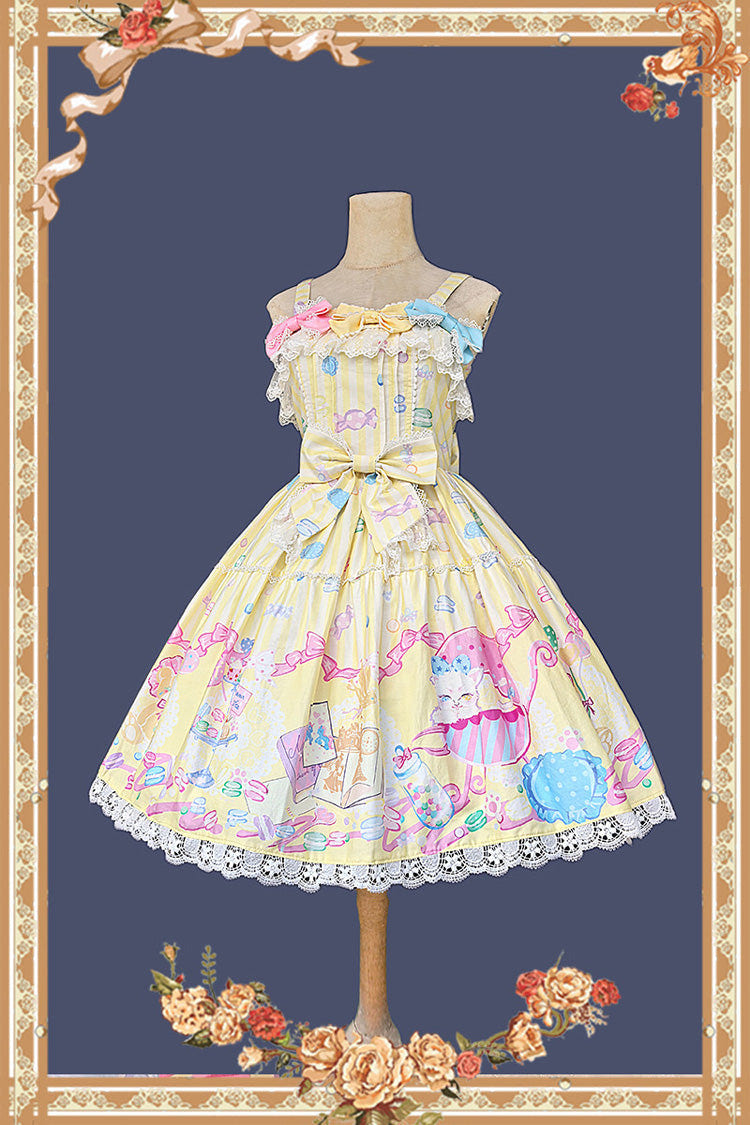 Yellow [Macarons Dolly House] Square Collar Sleeveless Printed Bow Sweet Lolita Jsk Dress - Product - 4