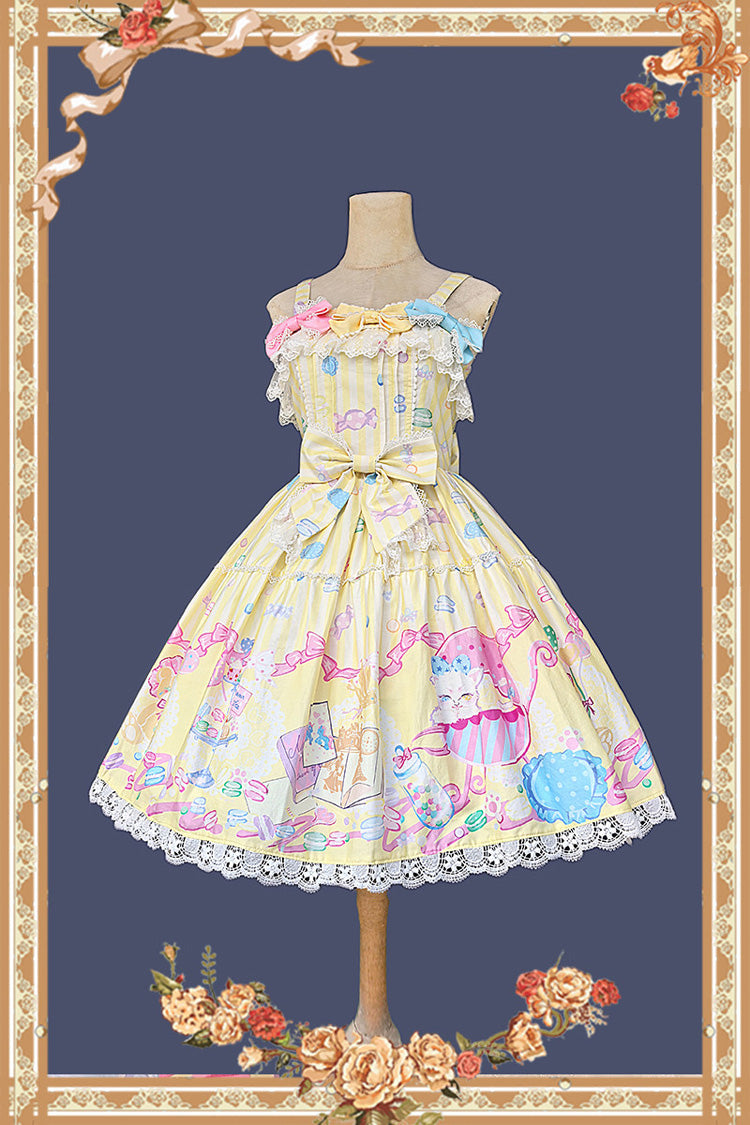 Yellow [Macarons Dolly House] Square Collar Sleeveless Printed Bow Sweet Lolita Jsk Dress - Product - 4